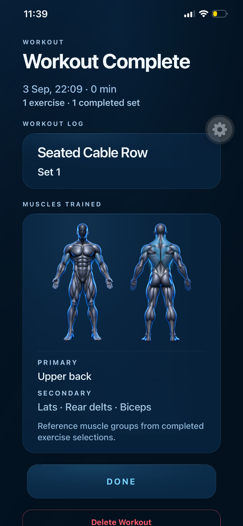 ARSAD app completed workout and exercise summary