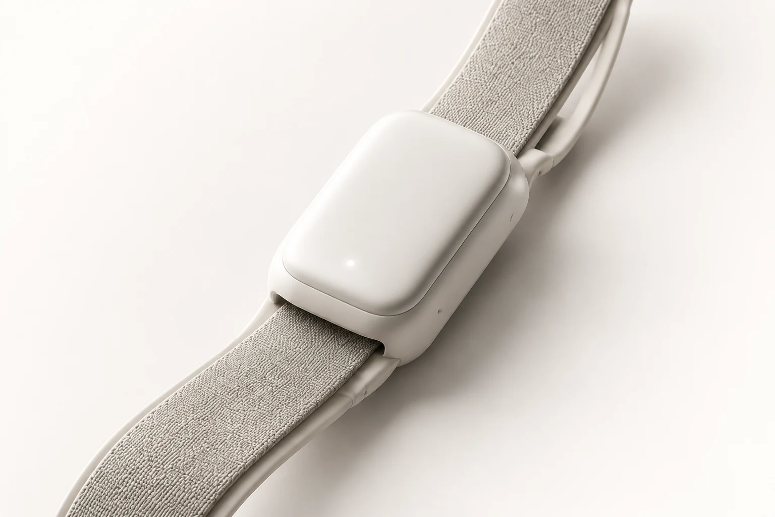 Approved future Slim Sensor design concept: a screenless rounded white body with a pale fabric strap